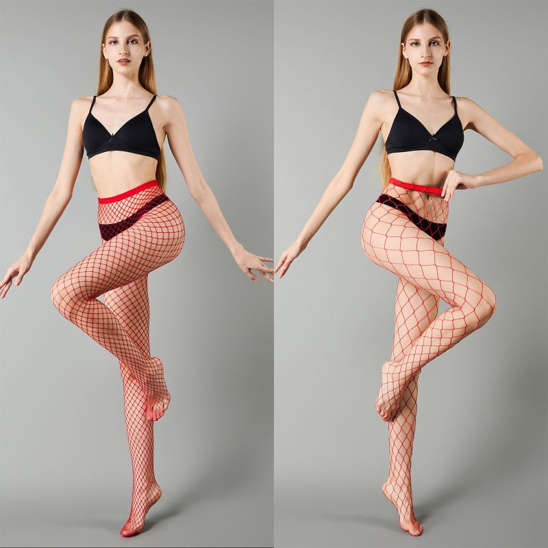 MengPa Women's Fishnets Tights High Waist Stockings Party Thigh High Pantyhose 2Pcs (Red-(L&XL Gride)) 2440 - Image 2